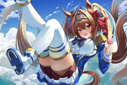Rule 34 | 1girl, absurdres, animal ears, blue jacket, boots, bow, breasts, brown hair, center frills, cloud, daiwa scarlet (umamusume), epaulettes, fang, floating, framed breasts, frills, glint, hair bow, highres, horse ears, horse girl, horse tail, index finger raised, jacket, large breasts, long hair, long sleeves, looking at viewer, open mouth, outdoors, red eyes, red shorts, shirt, shorts, skin fang, smile, solo, sylph kim, tail, thighhighs, thighs, tiara, twintails, umamusume, very long hair, white footwear, white shirt, white thighhighs