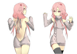 Rule 34 | 10s, 1girl, absurdres, aran sweater, ass, backless dress, backless outfit, bare back, bare shoulders, black thighhighs, breasts, butt crack, cable knit, chikkinage nage, detached sleeves, dress, guilty crown, hair ornament, hairclip, halterneck, highres, looking at viewer, looking back, meme attire, multiple views, naked sweater, pink hair, red eyes, ribbed sweater, sideboob, sweater, sweater dress, thighhighs, turtleneck, turtleneck sweater, twintails, unfinished, virgin killer sweater, yuzuriha inori