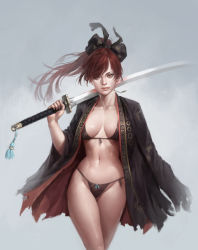 Rule 34 | 1girl, bikini, bow, breasts, brown eyes, brown hair, cleavage, collarbone, dongho kang, hair bow, katana, large breasts, long hair, looking at viewer, mouth hold, navel, open clothes, orange eyes, ponytail, red hair, solo, swimsuit, sword, traditional clothes, underwear, walking, weapon, wind
