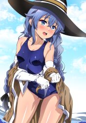 Rule 34 | 1girl, alternate breast size, black ribbon, blue eyes, blue hair, blue one-piece swimsuit, blue sky, blush, braid, breasts, brown cloak, cloak, cloud, covered erect nipples, elbow gloves, eyebrows hidden by hair, feet out of frame, fuyumi kazuki, gloves, gluteal fold, hair between eyes, hair ribbon, hat, head tilt, highres, long bangs, long hair, medium breasts, mushoku tensei, ocean, one-piece swimsuit, open mouth, ribbon, roxy migurdia, sky, solo, swimsuit, teeth, twin braids, upper teeth only, very long hair, wet, wet clothes, white gloves, witch hat, wringing clothes