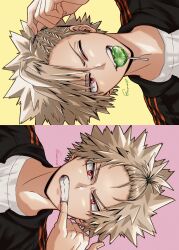 Rule 34 | 1boy, bakugou katsuki, black jacket, blonde hair, boku no hero academia, candy, esora-arts, food, hair ornament, hairclip, heart, heart-shaped lollipop, highres, jacket, lollipop, male focus, mouth hold, one eye closed, open mouth, pink background, red eyes, shaped lollipop, short hair, spiked hair, teeth, yellow background