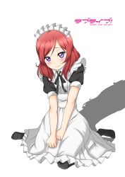 Rule 34 | 10s, 1girl, absurdres, apron, bad id, bad pixiv id, black pantyhose, blush, bow, copyright name, highres, looking at viewer, love live!, love live! school idol festival, love live! school idol project, maid, maid apron, maid headdress, nishikino maki, pantyhose, purple eyes, red hair, shadow, short hair, simple background, sitting, smile, solo, wariza, white background, wkdnlwoddl