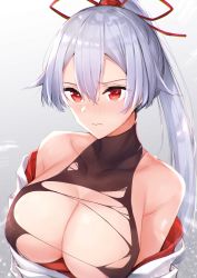 Rule 34 | 1girl, 3:, anza tomo, bad id, bad twitter id, bare shoulders, blush, breasts, cleavage, closed mouth, fate/grand order, fate (series), gradient background, hair between eyes, hair ribbon, high ponytail, highres, large breasts, long hair, off shoulder, ponytail, red eyes, ribbon, shirt, silver hair, solo, tomoe gozen (fate), torn clothes, torn shirt