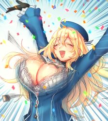 Rule 34 | 10s, 1girl, arms up, atago (kancolle), black gloves, blonde hair, bouncing breasts, breasts, bursting breasts, confetti, gloves, happy, hat, kantai collection, large breasts, long hair, military, military uniform, open mouth, popped button, poro586, poroi (poro586), smile, uniform, wardrobe malfunction