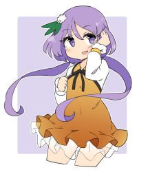 Rule 34 | 1girl, blush, border, brown dress, cowboy shot, cropped legs, dress, flower, frilled dress, frills, hair between eyes, hair flower, hair ornament, ini (inunabe00), long hair, long sleeves, low twintails, open mouth, purple eyes, purple hair, smile, solo, touhou, tsukumo benben, twintails, white border, white flower