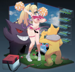 1girl alternate_breast_size alternate_costume ambipom anal_beads areola_slip arm_up armpits asymmetrical_hair bar_censor bare_shoulders bestiality blonde_hair blunt_ends blush breasts censored cheerleader condom condom_packet_strip condom_wrapper creatures_(company) crop_top crotchless crotchless_panties dildo full_body game_freak gen_1_pokemon gen_2_pokemon gen_4_pokemon gengar gradient_background grass grey_background hair_over_one_eye heart_pasties holding huge_breasts hypno interspecies large_areolae legs lusamine_(pokemon) marill navel nintendo open_mouth paid_reward_available panties pasties poke_ball pokemon pokephilia pom_pom_(cheerleading) ponytail precum puffy_nipples sex sex_from_behind sex_toy shoes skindentation sleeveless sneakers socks stomach testicles thigh_sex thigh_strap thighs tianzhong_zhongtian tiptoes underwear white_footwear white_panties white_socks