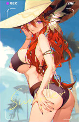 Rule 34 | 1girl, arknights, arm strap, ass, bare arms, bare shoulders, bikini, black bikini, black nails, blue sky, breasts, commentary request, cowboy shot, day, drive shot, feather hair ornament, feathers, hair ornament, hat, highres, horns, large breasts, long hair, looking at viewer, mouth hold, nail polish, purple eyes, red hair, revision, sky, smile, solo, standing, sun hat, surtr (arknights), swimsuit, thighs, very long hair