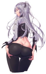Rule 34 | 1girl, absurdres, ak-12 (girls&#039; frontline), ass, ass grab, bad id, bad pixiv id, black jacket, black pants, black ribbon, braid, breasts, butt crack, commentary, cowboy shot, crop top, cropped jacket, cropped legs, dimples of venus, english commentary, fingernails, french braid, from behind, girls&#039; frontline, grabbing own ass, grey jacket, hair between eyes, hair ribbon, highres, jacket, large breasts, long fingernails, long hair, long sleeves, looking at viewer, looking back, midriff, multicolored clothes, multicolored jacket, pants, parted lips, profile, purple eyes, rantia, ribbon, sideways glance, silver hair, simple background, solo, standing, thigh gap, two-tone jacket, white background, wide sleeves
