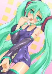 Rule 34 | 1girl, aqua eyes, aqua hair, breasts, detached sleeves, covered erect nipples, hatsune miku, headset, highres, long hair, one-piece swimsuit, open mouth, school swimsuit, smile, solo, swimsuit, tongue, twintails, very long hair, vocaloid