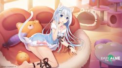 Rule 34 | 1girl, 2019, animal ear fluff, animal ears, bell, black ribbon, blue eyes, blush, breasts, cat ears, cat tail, checkered floor, cleavage, copyright name, date a live, dress, fur-trimmed dress, fur trim, hair between eyes, hair ornament, hairclip, highres, indoors, kemonomimi mode, leg ribbon, long hair, looking at viewer, lying, off-shoulder dress, off shoulder, official art, on side, open mouth, ribbon, short dress, silver hair, small breasts, solo, tail, tobiichi origami, very long hair, white dress, wrist ribbon