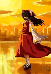 Rule 34 | 1girl, absurdres, ascot, black hair, bow, building, cloud, detached sleeves, evening, full body, hair bow, hair over one eye, hair tubes, hakurei reimu, highres, long hair, long sleeves, outdoors, red bow, red eyes, signature, solo, standing, sun, sunlight, sunset, sunset xi, touhou, yuugyou you
