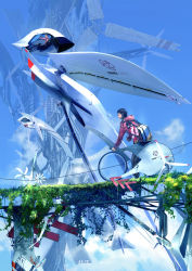 Rule 34 | 1boy, 1girl, absurdres, aircraft, airplane, backpack, bag, bicycle, black hair, bridge, brown hair, day, highres, jacket, leaf, looking at another, open mouth, open window, original, plant, propeller, scenery, science fiction, sign, signature, sky, spirit chiasma, structure, windmill, window