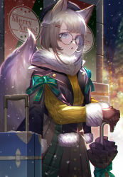 Rule 34 | 1girl, amahara subaru, animal ears, aran sweater, bare tree, beret, black-framed eyewear, black hat, black umbrella, blush, bow, braid, brown gloves, cable knit, closed umbrella, fang, fur-trimmed sleeves, fur trim, glasses, gloves, green bow, grey eyes, grey hair, grey skirt, hair ornament, hairclip, hat, highres, looking away, merry christmas, night, original, outdoors, own hands together, parted lips, plaid, pleated skirt, ribbed sweater, rolling suitcase, round eyewear, skirt, snow, snowing, solo, star (symbol), suitcase, sweater, tail, tail raised, tree, umbrella, yellow sweater