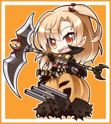 Rule 34 | 1girl, :d, asymmetrical legwear, azur lane, black gloves, bow, bowtie, brown eyes, cape, chibi, cleveland (azur lane), cleveland (reaper fever) (azur lane), commentary request, devil fever (azur lane), gloves, halloween, holding, jack-o&#039;-lantern, light brown hair, long hair, looking at viewer, machinery, mismatched legwear, one side up, open mouth, scythe, shachoo., short shorts, shorts, smile, solo, thighhighs, turret, zettai ryouiki