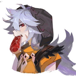 Rule 34 | 1boy, food, food in mouth, genshin impact, grey hair, highres, hirisson, hood, hood up, long hair, male focus, meat, mouth hold, razor (genshin impact), red eyes, scar, scar on face, simple background, sketch, solo, teeth hold, upper body, white background