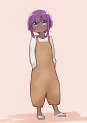 Rule 34 | 1girl, :3, blush, brown background, closed mouth, collarbone, dark-skinned female, dark skin, fate/prototype, fate/prototype: fragments of blue and silver, fate (series), full body, hair between eyes, hands in pockets, hassan of serenity (fate), highres, i.u.y, long sleeves, looking at viewer, purple eyes, purple hair, shirt, shoes, solo, standing, white footwear, white shirt