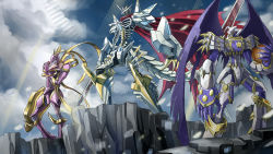 Rule 34 | armor, cape, claws, cliff, clothes, cloud, crystal, digimon, digimon (creature), dk (13855103534), dual wielding, dynasmon, energy, energy ball, epic, flower, full armor, grey eyes, head wings, highres, holding, horns, jesmon, lordknightmon, monster, multiple swords, muscular, no humans, pile bunker, red eyes, rose, royal knights, sash, shield, single horn, sky, spikes, sunlight, sword, tail, torn wings, weapon, wings