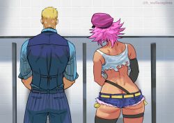 Rule 34 | 1boy, 1girl, ass, back, bad id, bad twitter id, belt, blonde hair, blouse, butt crack, cody travers, crop top, denim, denim shorts, dimples of venus, elbow gloves, final fight, from behind, gloves, hair slicked back, hat, implied futanari, pants, peaked cap, pink hair, pink headwear, poison (final fight), restroom, shirt, short shorts, shorts, single glove, single thighhigh, spiked hair, street fighter, street fighter v, striped clothes, striped pants, striped shirt, sweat, sweatdrop, thighhighs, toned, torn clothes, torn shirt, urinal, urinal use, vertical-striped clothes, vertical-striped pants, vertical-striped shirt, waistcoat, wallace pires, wide hips, yellow belt