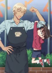Rule 34 | 2boys, :d, ^ ^, amuro tooru, apron, arm up, belt, black-framed eyewear, black apron, black belt, blonde hair, blue eyes, blue shirt, blue shorts, blush, brown hair, child, clenched hand, closed eyes, clothes writing, collared shirt, commentary request, edogawa conan, employee uniform, glasses, hair between eyes, hand on own hip, happy, height difference, hood, hood down, hoodie, k (gear labo), lifting person, looking at another, male focus, meitantei conan, midriff peek, multiple boys, open mouth, outdoors, plant, red footwear, red hoodie, shirt, shoes, short hair, shorts, smile, sneakers, socks, standing, sweatdrop, uniform, white legwear