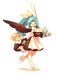 Rule 34 | 1boy, 1girl, apron, bad id, bad pixiv id, bare shoulders, blonde hair, blue hair, breasts, cleavage, colored eyelashes, cup, dizzy (guilty gear), eyepatch, flower, guilty gear, guilty gear 2, long hair, maid, maid apron, mature female, mother and son, ponytail, red eyes, ribbon, san (winteroll), simple background, sin kiske, slippers, tail, tea, teacup, teapot, tray, wings