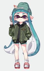 Rule 34 | 1girl, aqua hair, beanie, black shirt, black shorts, blunt bangs, closed mouth, clothes writing, commentary, dolphin shorts, food, full body, green hat, green jacket, grey background, hand in pocket, hat, holding, holding food, hood, hood down, hoodie, inkling, inkling (language), inkling girl, inkling player character, jacket, logo, long hair, long sleeves, looking at viewer, maco spl, mask, nintendo, open clothes, open jacket, pointy ears, popsicle, purple eyes, red footwear, sandals, shirt, short shorts, shorts, simple background, smile, socks, solo, splatoon (series), symbol-only commentary, tentacle hair, very long hair, white socks, zipper