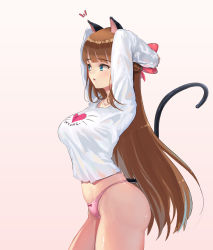 Rule 34 | 1girl, animal ears, arms behind head, arms up, blue eyes, blunt bangs, bow, bow panties, breasts, brown hair, cat ears, cat tail, clothes writing, commentary, cowboy shot, elsynien, english commentary, from side, gradient background, hair bow, heart, highres, large breasts, lips, long hair, long sleeves, midriff, no pants, notice lines, original, panties, parted lips, pink background, pink bow, pink panties, print shirt, shirt, skindentation, solo, standing, t-shirt, tail, thighs, underwear, white shirt