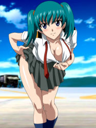 Rule 34 | 00s, 1girl, artist request, blue eyes, blurry, blush, breasts, cleavage, clothes lift, clothes pull, depth of field, downblouse, green hair, honjou mikaze, large breasts, leaning forward, reference work, shirt pull, skirt, skirt lift, smile, solo, stratos 4