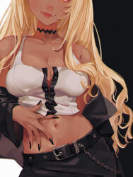 Rule 34 | 1girl, absurdres, bare shoulders, belt, black belt, black choker, black jacket, black nails, black skirt, blonde hair, breasts, center opening, chain, choker, contrapposto, crop top, dark-skinned female, dark skin, fang, gyaru, hand on own stomach, head out of frame, highres, jacket, kaminari qpi, kaminari qpi (1st costume), large breasts, light smile, lips, long hair, long sleeves, looking at viewer, midriff, miniskirt, navel, off shoulder, open clothes, open jacket, open shirt, orange eyes, skirt, solo, stomach, tank top, very long hair, virtual youtuber, vspo!, white tank top, zoramaruta