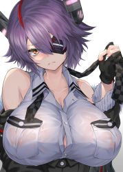 Rule 34 | 1girl, blush, breast pocket, breasts, eyepatch, frown, fur trim, gloves, headgear, highres, jacket, kantai collection, large breasts, looking at viewer, messy hair, necktie, nipples, no bra, oonaka ito, partially fingerless gloves, pocket, purple hair, see-through, shirt, short hair, tenryuu (kancolle), wet, white shirt, yellow eyes