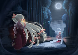 Rule 34 | 2girls, absurdly long hair, absurdres, animal ears, bamboo, bamboo forest, black footwear, boots, bow, breasts, cigarette, closed mouth, commentary, english commentary, fire, forest, fujiwara no mokou, grey hair, hair between eyes, hair bow, hand in pocket, hand up, highres, jacket, juliet sleeves, leaf, long hair, long sleeves, looking at another, medium breasts, moon, moonlight, multiple girls, nature, night, night sky, ofuda, ofuda on clothes, open clothes, open jacket, pants, pink shirt, puffy long sleeves, puffy sleeves, purple skirt, rabbit ears, red bow, red eyes, red pants, reisen udongein inaba, shadow, shirt, shoes, skirt, sky, standing, sweet reverie, touhou, very long hair