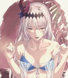 Rule 34 | 1girl, bare shoulders, bikini, blush, collarbone, dark jeanne, drooling, feather hair ornament, feathers, granblue fantasy, feather hair ornament, hairband, jeanne d&#039;arc (granblue fantasy), licking lips, light purple hair, long hair, looking at viewer, nail polish, red eyes, saliva, solo, sunao (souis), swimsuit, tongue, tongue out, wet