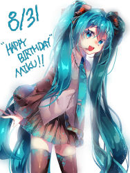 Rule 34 | 1girl, absurdres, aqua eyes, aqua hair, character name, dated, gradient background, happy birthday, hatsune miku, headset, highres, long hair, looking at viewer, necktie, open mouth, skirt, solo, tears namida, thighhighs, twintails, very long hair, vocaloid, white background