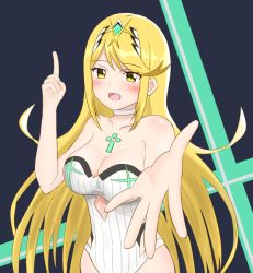 Rule 34 | 1girl, bad id, bad pixiv id, bare shoulders, black background, blonde hair, blush, breasts, chest jewel, cleavage, cowboy shot, earrings, foreshortening, gem, green gemstone, hair ornament, headpiece, hip vent, jewelry, large breasts, long hair, looking at viewer, mythra (radiant beach) (xenoblade), mythra (xenoblade), nemunemu semi, nintendo, one-piece swimsuit, reaching, reaching towards viewer, simple background, smile, solo, standing, strapless, strapless one-piece swimsuit, swept bangs, swimsuit, tiara, very long hair, white one-piece swimsuit, xenoblade chronicles (series), xenoblade chronicles 2, yellow eyes