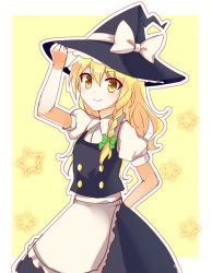 Rule 34 | 1girl, adjusting clothes, adjusting headwear, apron, arm behind back, bad id, bad twitter id, blonde hair, blouse, bow, braid, cowboy shot, hat, hat bow, kirisame marisa, long hair, looking at viewer, outline, puffy short sleeves, puffy sleeves, shirt, short sleeves, side braid, sketch, skirt, smile, solo, star (symbol), touhou, vest, witch hat, yada (xxxadaman), yellow eyes