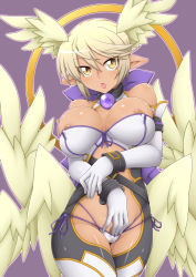 Rule 34 | 1girl, :o, areola slip, blonde hair, bracelet, breasts, colorized, covered erect nipples, curvy, dark-skinned female, dark skin, elbow gloves, female pubic hair, gloves, head wings, highres, jewelry, large breasts, lilith (shinrabanshou), open mouth, panties, pointy ears, pubic hair, shinrabanshou, short hair, side-tie panties, skindentation, slit pupils, solo, underwear, white gloves, wings, yellow eyes, zin (goraku hiroba)