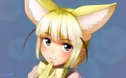 Rule 34 | 10s, 1girl, animal ears, artist name, blonde hair, blue background, bow, brown eyes, closed mouth, commentary request, ears visible through hair, fennec (kemono friends), fox ears, gloves, hair between eyes, hand on own chin, kemono friends, looking at viewer, pink shirt, shirt, signature, solo, welt (kinsei koutenkyoku), yellow bow