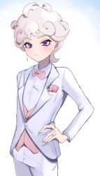Rule 34 | 1boy, ahoge, alternate costume, bede (pokemon), blonde hair, blush, bow, bowtie, closed mouth, collared shirt, cowboy shot, creatures (company), curly hair, earrings, eyelashes, eyeliner, game freak, gvzzgl, hand on own hip, jacket, jewelry, long sleeves, makeup, male focus, nintendo, pants, pink bow, pink bowtie, pink vest, pokemon, pokemon swsh, purple eyes, ring, shirt, short hair, simple background, single earring, solo, vest, white background, white jacket, white pants, white shirt