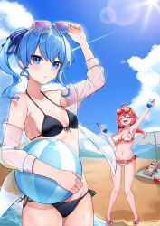 Rule 34 | 2girls, 35p (sakura miko), absurdres, adjusting eyewear, ahoge, arm up, ball, beach, beach umbrella, beachball, bikini, black bikini, blue eyes, blue hair, blue ribbon, blue sky, breasts, cleavage, closed eyes, cloud, commentary request, cup, eyewear on head, hair ribbon, halterneck, highres, holding, holding ball, holding beachball, holding cup, hololive, hoshimachi suisei, large breasts, lens flare, leo (f mmmnkm paint), long hair, looking at viewer, low twintails, multiple girls, ocean, off shoulder, one side up, open mouth, red hair, ribbon, sakura miko, sakura miko (hololive summer 2019), see-through, see-through shirt, side-tie bikini bottom, sky, small breasts, smile, standing, striped ribbon, sun, swimsuit, swimsuit cover-up, twintails, umbrella, virtual youtuber, wet, white bikini