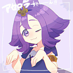 Rule 34 | 1girl, ;3, acerola (pokemon), armlet, bad id, bad pixiv id, character name, chromatic aberration, closed mouth, collarbone, creatures (company), dress, elite four, flipped hair, game freak, hair between eyes, hair ornament, half updo, lowres, nintendo, one eye closed, ooshio7734, pokemon, pokemon sm, purple background, purple dress, purple eyes, purple hair, purple theme, short hair, short sleeves, solo, spoilers, topknot, trial captain, upper body