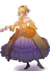 Rule 34 | 1girl, aku no musume (vocaloid), anniversary, arm behind back, blonde hair, bow, choker, closed eyes, closed mouth, collarbone, detached collar, dress, dress bow, dress flower, earrings, evillious nendaiki, flower, frilled dress, frilled sleeves, frills, hair bow, hair ornament, hairclip, highres, jewelry, kagamine rin, petticoat, riliane lucifen d&#039;autriche, rose, sidelocks, smile, solo focus, song name, swept bangs, updo, vocaloid, warabi (danngo-mitarasi), wide sleeves, yellow bow, yellow dress, yellow eyes, yellow footwear