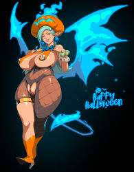 Rule 34 | 1girl, bare shoulders, blue fire, blue neckwear, bracelet, breasts, curvy, demon tail, demon wings, earrings, english text, fiery tail, fiery wings, fire, fishnet legwear, fishnets, fire, green hair, half-closed eyes, halloween, happy halloween, high heels, highres, huge breasts, jack-o&#039;-lantern, jewelry, light green hair, long hair, navel piercing, nipple piercing, orange footwear, orange headwear, original, parted lips, piercing, piercing through clothes, pink lips, plump, pointy ears, pumpkin, pussy, red eyes, revealing clothes, shiny skin, solo, striped, tail, thick thighs, thigh strap, thighs, turtleneck, wings, yuzhou