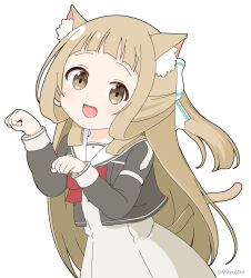 Rule 34 | 1girl, :d, animal ears, blush, bow, brown eyes, brown hair, cat ears, cat girl, cat tail, commentary request, dress, grey dress, grey jacket, hair bow, hands up, jacket, long hair, long sleeves, looking at viewer, mitya, nogi sonoko, open clothes, open jacket, open mouth, paw pose, ponytail, puffy long sleeves, puffy sleeves, red bow, sailor collar, sailor dress, simple background, smile, solo, tail, twitter username, very long hair, washio sumi wa yuusha de aru, white background, white bow, white sailor collar, yuusha de aru