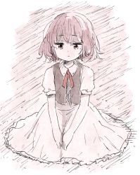 Rule 34 | 1girl, :|, brown vest, closed mouth, collared dress, dot nose, dress, expressionless, frilled dress, frills, full body, jitome, light purple hair, looking at viewer, neck ribbon, original, panzuban, pink background, puffy short sleeves, puffy sleeves, red eyes, red ribbon, ribbon, short hair, short sleeves, sitting, solo, v arms, vest, white dress