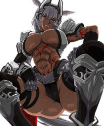 Rule 34 | 1girl, abs, animal ears, armor, armored boots, ass, belt, between buttocks, bikini, black bikini, blue eyes, body markings, boots, breasts, breasts apart, caenis (fate), cameltoe, cleft of venus, dark-skinned female, dark skin, fate/grand order, fate (series), female focus, from below, gauntlets, gluteal fold, grin, hair between eyes, hair intakes, headgear, highleg, highleg bikini, highres, j.h., large breasts, looking at viewer, looking down, midriff, muscular, muscular female, rabbit ears, shiny clothes, shiny skin, short hair, shoulder armor, shoulder plates, simple background, skindentation, smile, smirk, solo, spread legs, squatting, swimsuit, tattoo, teeth, thick thighs, thighs, underboob, white background, white hair