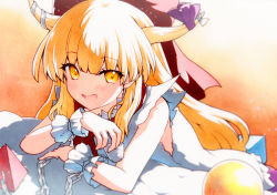 Rule 34 | 1girl, bad id, bad twitter id, blue ribbon, blush, bow, chain, hair bow, highres, horn ornament, horn ribbon, horns, ibuki suika, long hair, looking at viewer, oni horns, open mouth, orange eyes, orange hair, qqqrinkappp, red bow, ribbon, shirt, smile, solo, torn clothes, torn sleeves, touhou, traditional media, white shirt, wrist cuffs