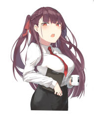 Rule 34 | 1girl, absurdres, black skirt, blush, breasts, clipboard, collared shirt, cup, girls&#039; frontline, hair ribbon, half updo, high-waist skirt, highres, holding, holding clipboard, holding cup, large breasts, long hair, long sleeves, looking at viewer, necktie, one side up, open mouth, purple hair, red eyes, ribbon, shirt, simple background, skindentation, skirt, solo, tittu, tsundere, tsurime, very long hair, wa2000 (girls&#039; frontline), white background, white shirt