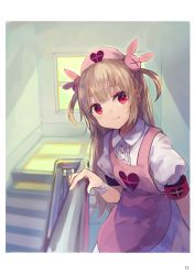 Rule 34 | 1girl, apron, blush, closed mouth, dress, from above, hair ornament, hat, heart, indoors, light brown hair, long hair, looking at viewer, makihitsuji, natori sana, nurse cap, pink apron, pink hat, puffy short sleeves, puffy sleeves, rabbit hair ornament, railing, red eyes, sana channel, short sleeves, smile, solo, stairs, stairwell, sunlight, two side up, upper body, virtual youtuber, white dress, window