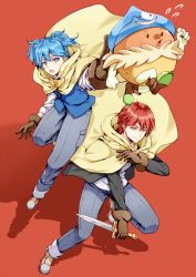 Rule 34 | 2boys, akabane karma, ansatsu kyoushitsu, bad id, bad twitter id, blue eyes, blue hair, blue headwear, blue vest, boots, brown gloves, commentary request, denim, fighting stance, flying sweatdrops, gloves, hat, jeans, knee up, koro-sensei quest, looking at viewer, male focus, meipoi, multiple boys, official alternate costume, open mouth, pants, red background, red hair, scarf, shiota nagisa, shoes, short hair, simple background, smile, sword, vest, weapon