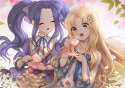 Rule 34 | 2girls, angel wings, bad id, bad twitter id, blonde hair, blue eyes, blue ribbon, blueberry, closed eyes, commentary, cup, dress, english commentary, feathered wings, filo (tate no yuusha no nariagari), food, fruit, hair ornament, hair ribbon, high collar, holding, holding cup, juliet sleeves, leaf, leirix, long hair, long sleeves, melty q melromarc, multiple girls, open mouth, parted bangs, plate, puffy sleeves, purple dress, purple hair, ribbon, sidelocks, smile, strawberry, tate no yuusha no nariagari, teacup, twintails, white wings, wings