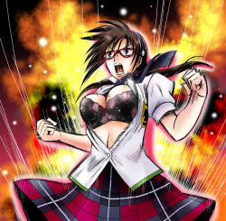Rule 34 | 00s, 1girl, blue eyes, bouncing breasts, bra, breasts, brown hair, bursting breasts, evangelion: 2.0 you can (not) advance, glasses, large breasts, lingerie, makinami mari illustrious, navel, neon genesis evangelion, open clothes, open shirt, plaid, popped button, rebuild of evangelion, school uniform, sentape, shirt, solo, space, underwear, wardrobe malfunction